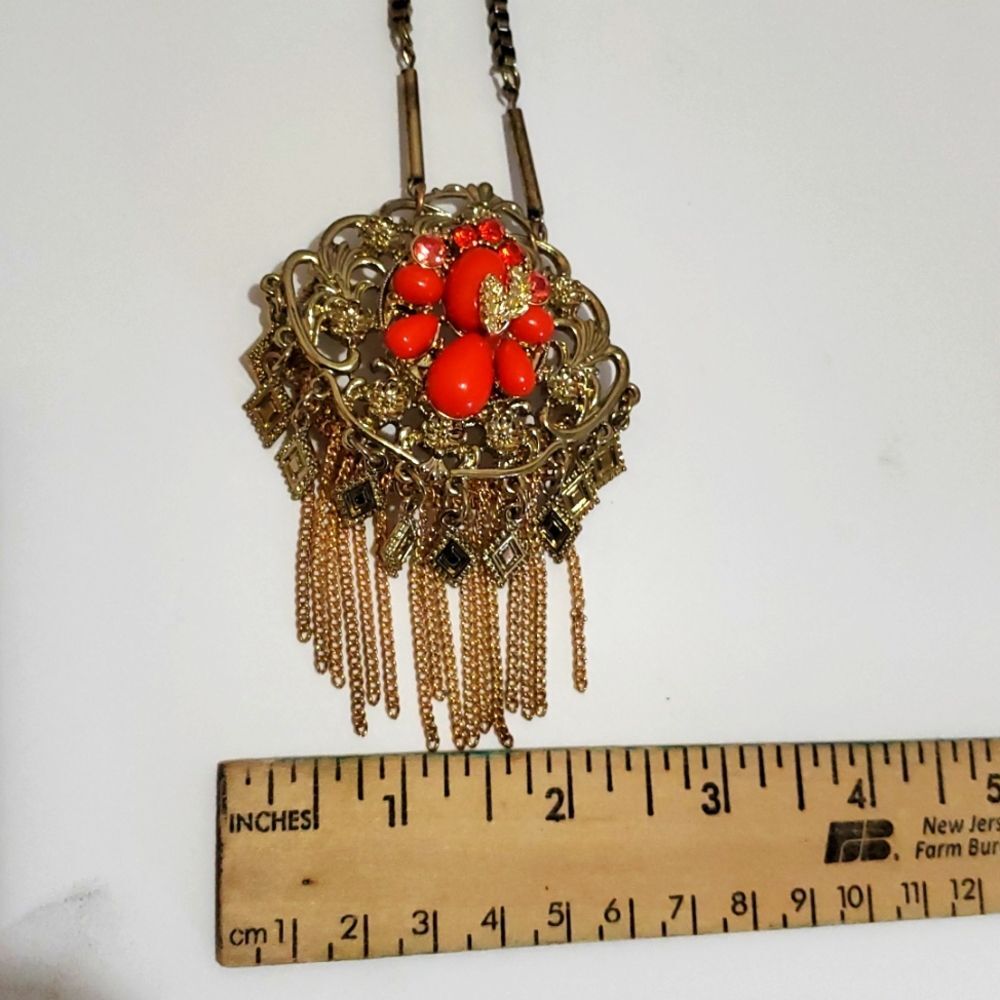Vintage 80's Art Deco Nouveau Boho Coral Colored Gold Necklace South Western - Picture 7 of 8